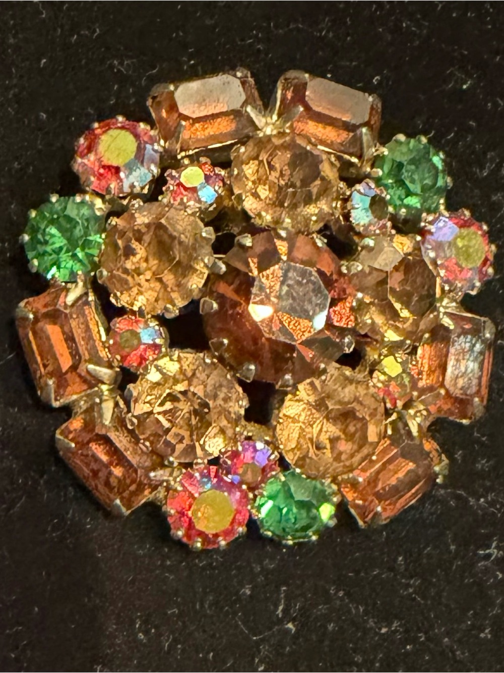 Vintage Amber Topaz Rhinestone Cluster Brooch Pin Emerald Green Aurora Borealis